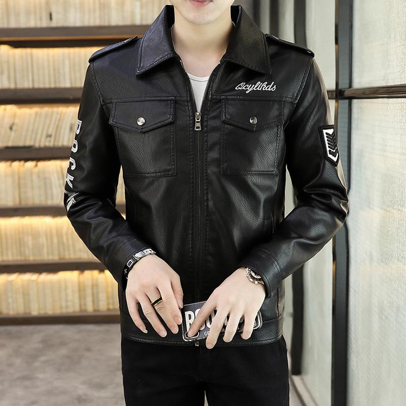 New men's leather jacket, Korean version, slim, trendy, young and handsome, casual winter plus fur collar leather jacket