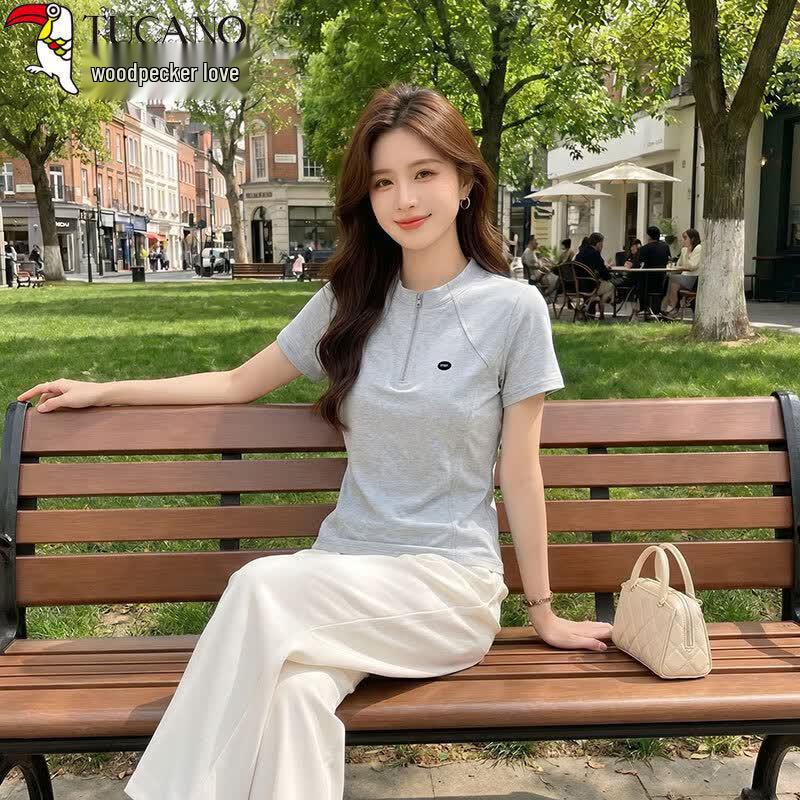 Women's Pure Cotton Half-Zip Stand-Up Collar T-Shirt