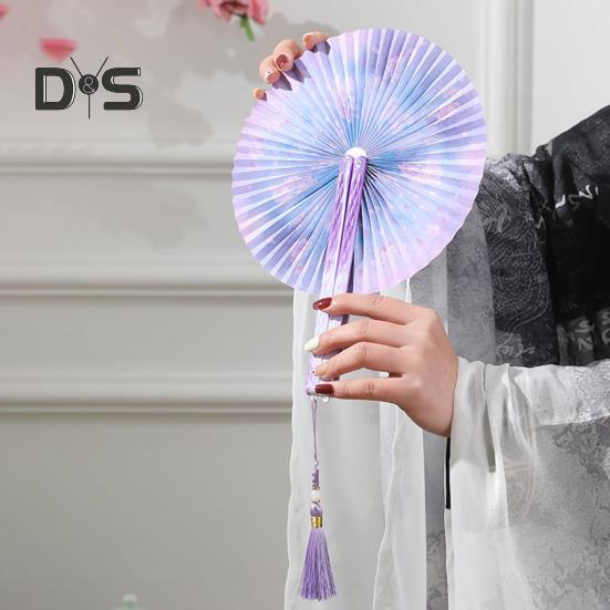 Runder Faltfächer im chinesischen Stil mit Quasten, Blumenmuster, Handfächer aus Papier, tragbarer Sommer-Handfächer, Tanzaufführung, Foto-Requisiten, Dekoration