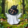 Exquisite Craftsmanship Resin Art Halloween Ghost Decoration, Holding Pumpkin Figurine with Witch Adorable Set Hat, Spooky Cute Tabletop Decor