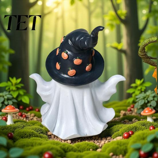 Exquisite Craftsmanship Resin Art Halloween Ghost Decoration, Holding Pumpkin Figurine with Witch Adorable Set Hat, Spooky Cute Tabletop Decor
