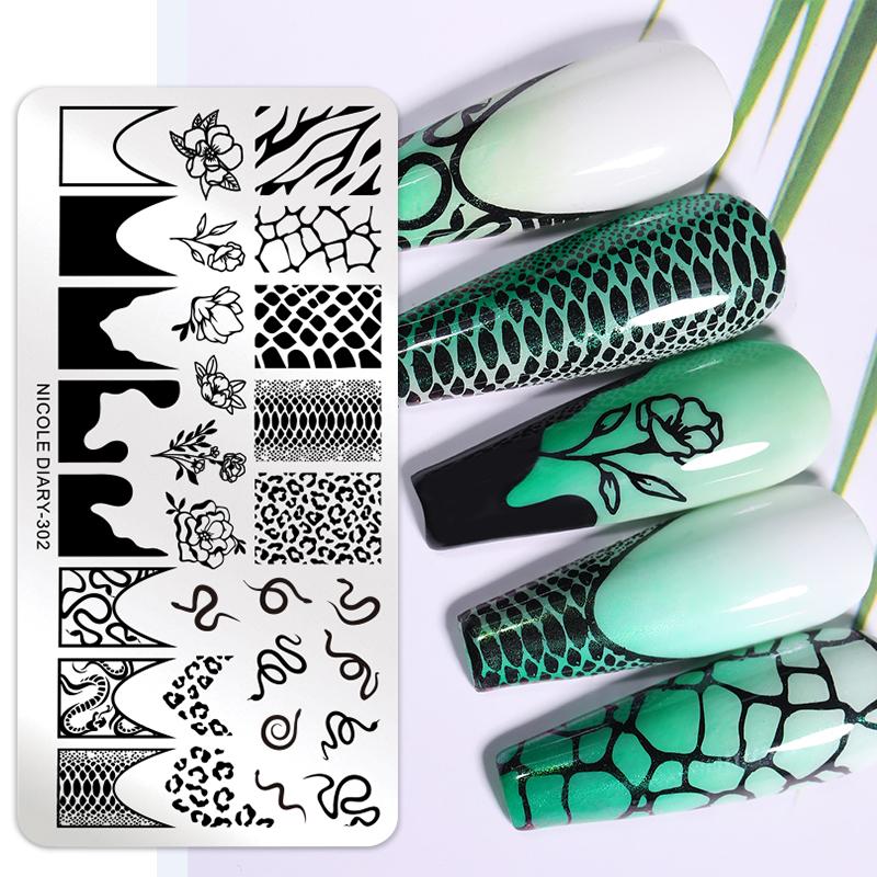 NICOLE DIARY Leopard Flower Nail Stamping Plate Image Transfer Template Geometry Leaf Stainless Steel Stencil Nail Printing Tool