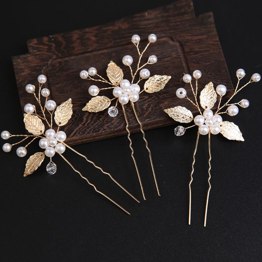 Handmade Pearl Flower Hairpin Gold Color Leaf Shaped Metal Wedding Bride Hair Clips Hair Jewelry Accessories Bride Hair Wear