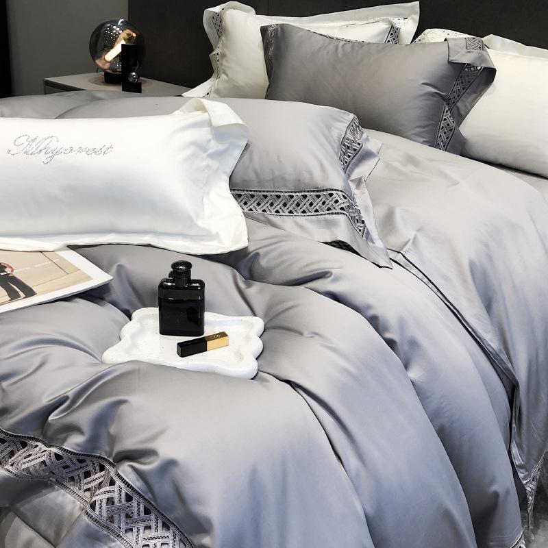 Set nordic din patru piese din bumbac pur, cu număr de 180 de fire, pentru a dormi gol, cearșaf de pat din bumbac cu capse lungi, cuvertură de pilota