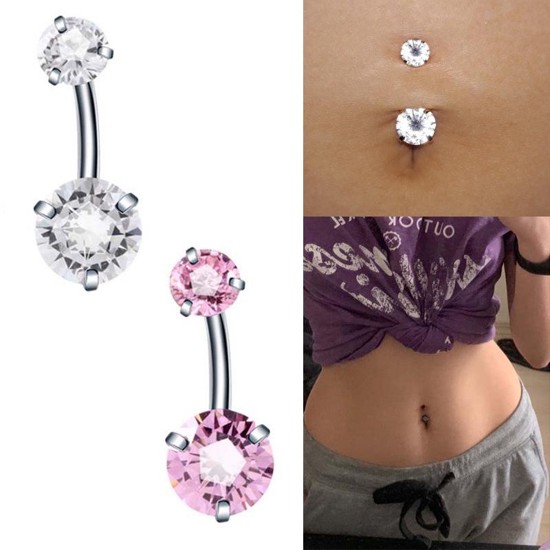 AB Color Powder Zirconia Heart Stainless Steel Double-Ended Navel Ring Heart Zirconia