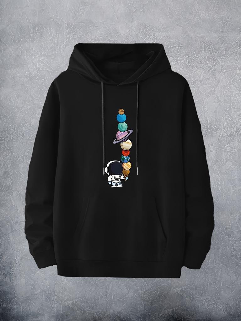 Men's  Hoodie with Cartoon Astronaut and Planets Print - Beige, Hip-Hop Style, Machine Washable, Hoodie Astronaut