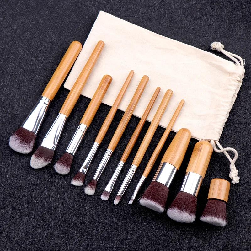 11 Pcs Set Natural Bamboo Handle Makeup Brushes Set Professional Foundation Blending Brush Cosmetic Make Up Tool With Cotton Bag