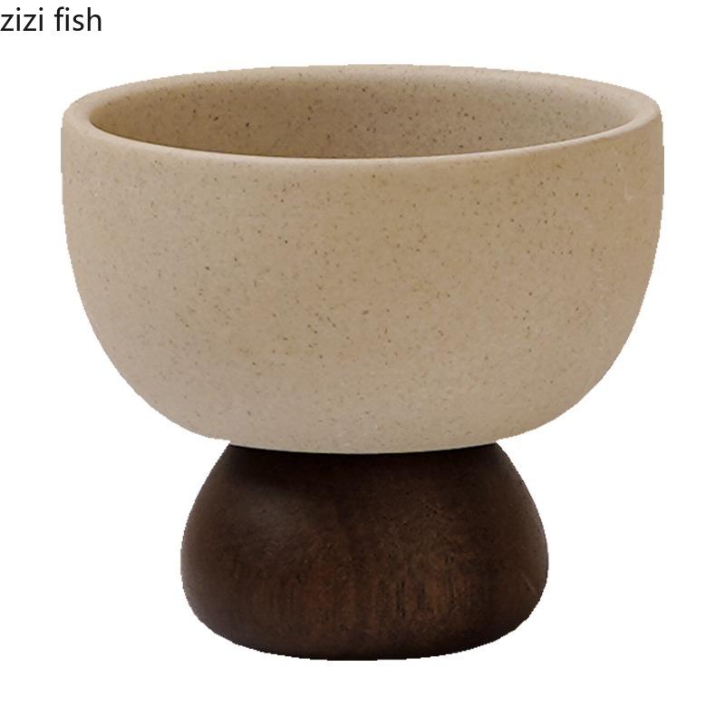 Ceramic High Footed Water Cup Coffee Cups Tea Mug Pudding Cup Ice Cream Cups Wooden Foot Candle Holder Milk Mug Dessert Bowl