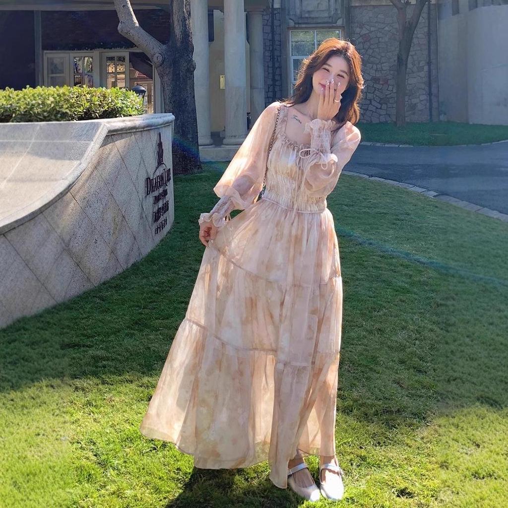 Women's Floral Chiffon Puff Sleeve Dress - French Square Neck, Spring/Autumn Fairy Mori Girl Style