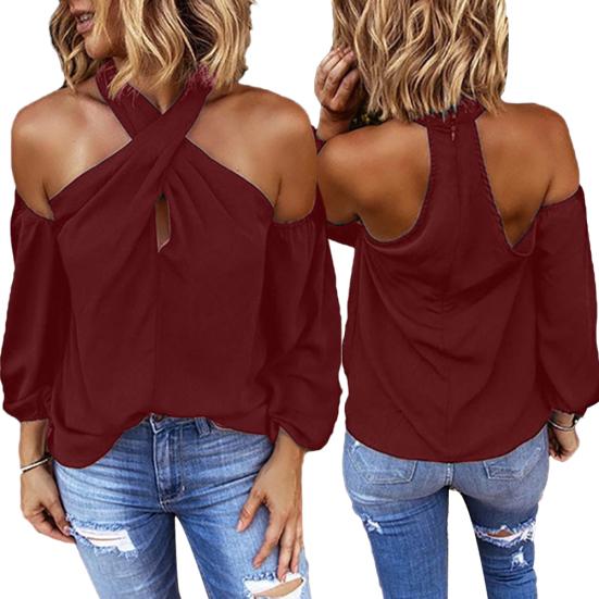 Women Solid Color Long Sleeve Sexy Halter Off Shoulder Back Zipper Blouse Top