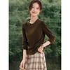 Small Waist Flocking Gauze Skin T Autumn Fog Flocking Light Gauze Round Neck Waist Pinching Thin.
