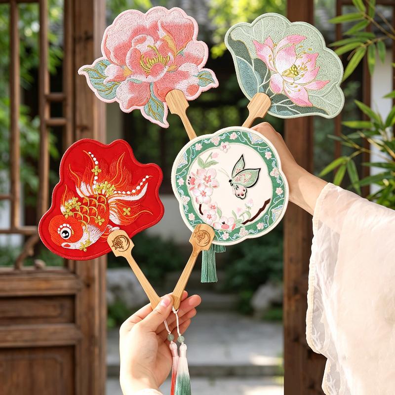 Ancient Handheld Flora Embroidered Fan with Pendant Floral Shaped Chinese Style Fan Butterfly Tassels Group Fan Photography Prop