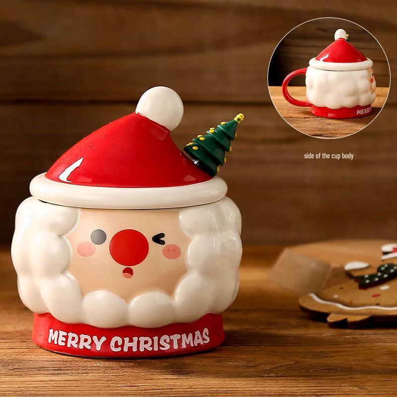 Cute Santa Claus Ceramic Mug with Lid and Spoon