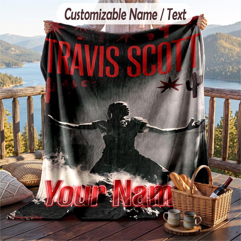 Kişiselleştirilmiş Flanel Battaniye, Travis Scott Özel Baskılı İsimli, Ev Kullanımı İçin Rahat Peluş Battaniye