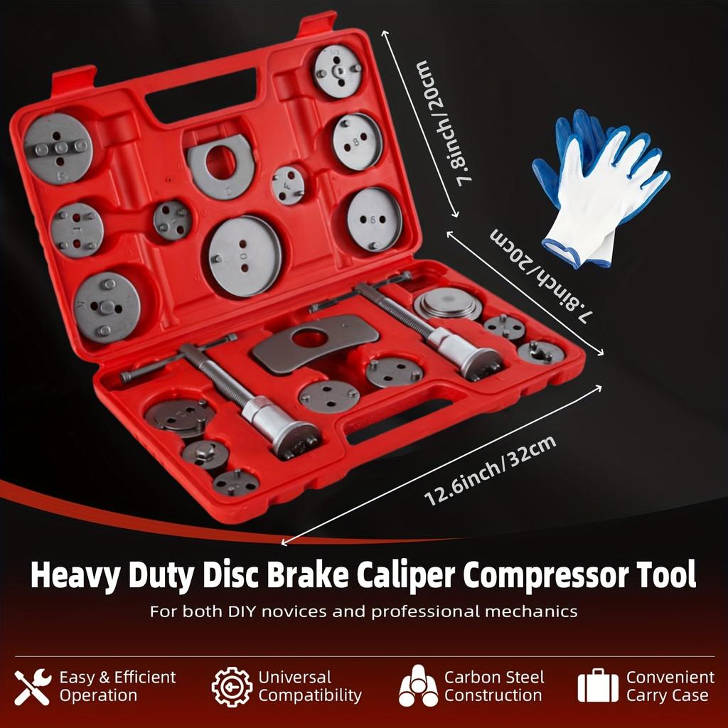 24Pcs Disc Brake Caliper Piston Compressor Rewind Tool Set with 18 Adapters, Dual Handed Thrust Bolts, Retainer Plates and Glove