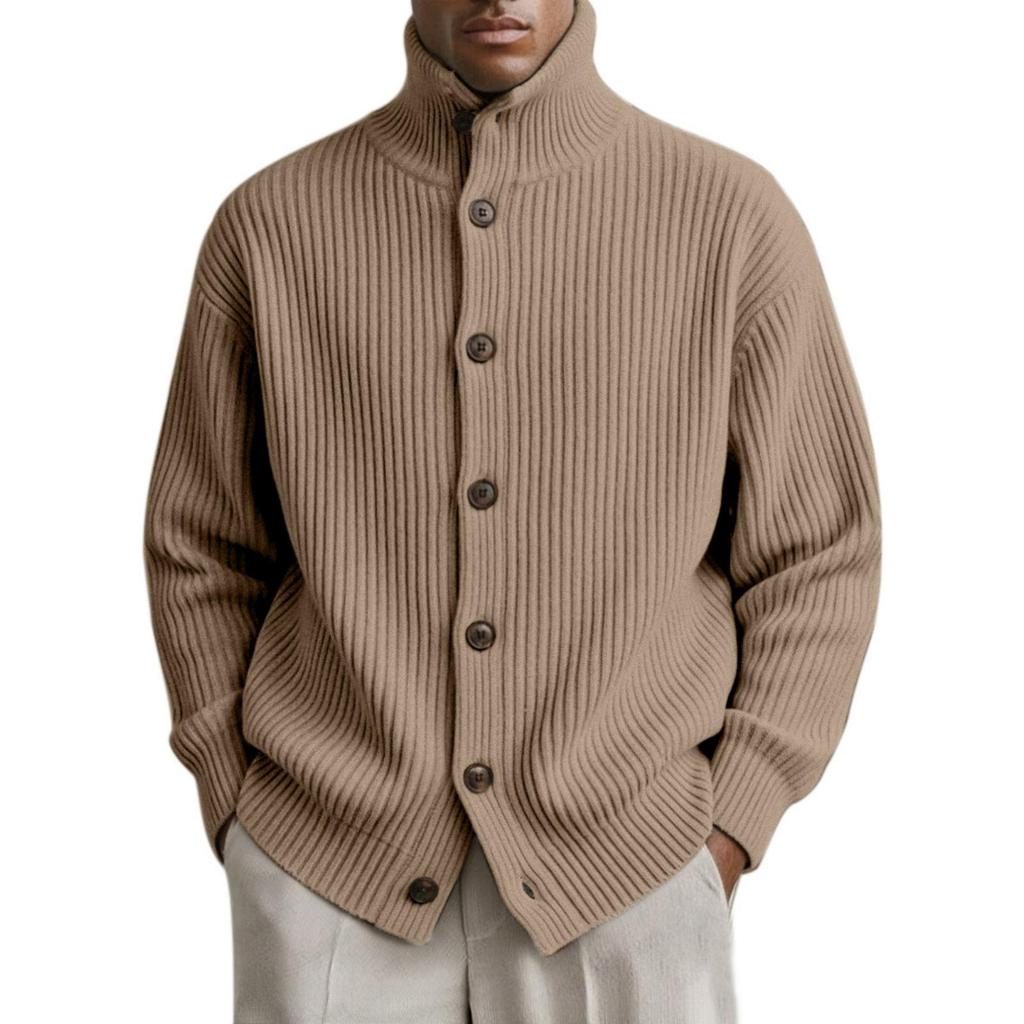 Cardigan in maglia casual e rilassato da uomo -colore, Cappotto con bottoni a maniche lunghe a righe, collo alto, a maglia grossa da uomo