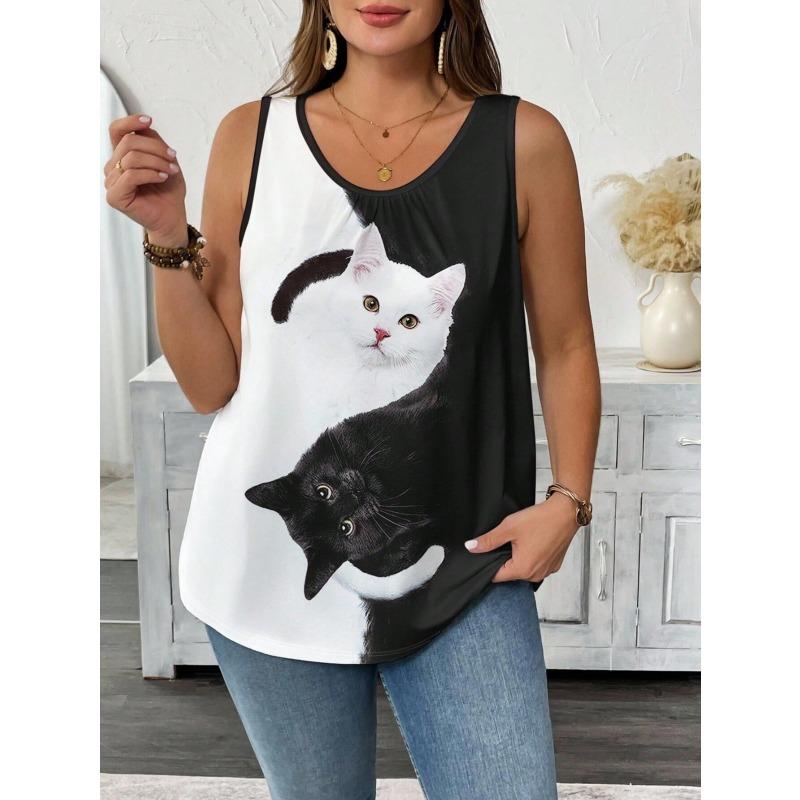 Daily Casual Crew-neck Printed Comfortable Women's Top, Sleeveless T-shirt, Tank Top