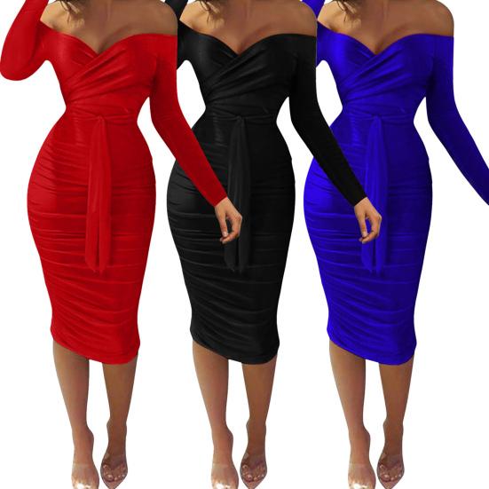 Damenkleid Einfarbig Schulterfrei V-Ausschnitt Slim Fit Etuikleid