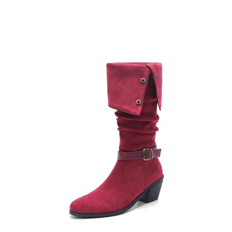 

Женские ботфорты до колена с круглым носком, на массивном высоком каблуке, с пряжкой, плиссированные ботфорты гого, женская модная обувь, осень-зима 43 39 вино красного