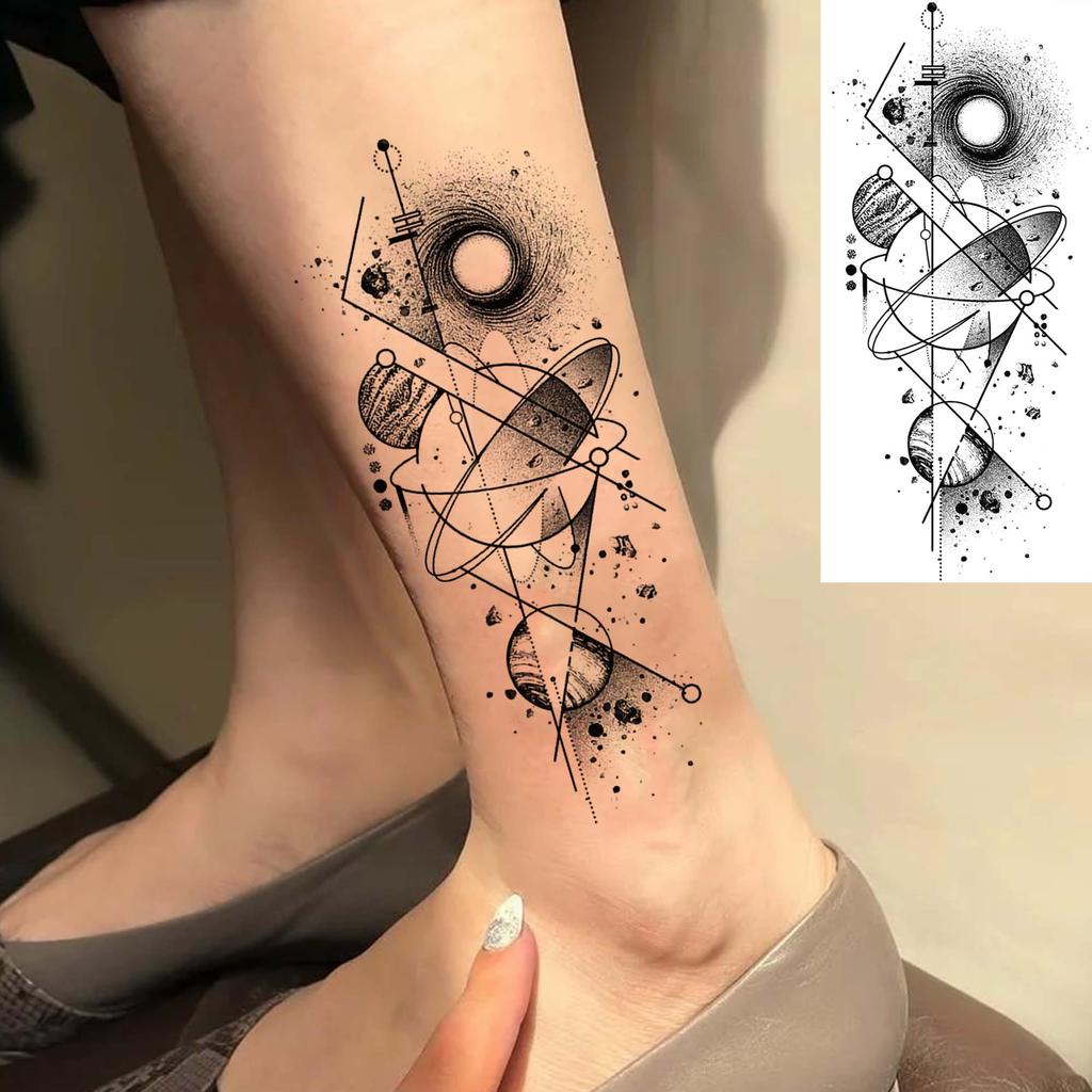 1 Sheet Geometric Planet Mountains Temporary Tattoos For Women Men Forearm Foot, Waterproof Long Lasting Realistic Tatoo Sticker