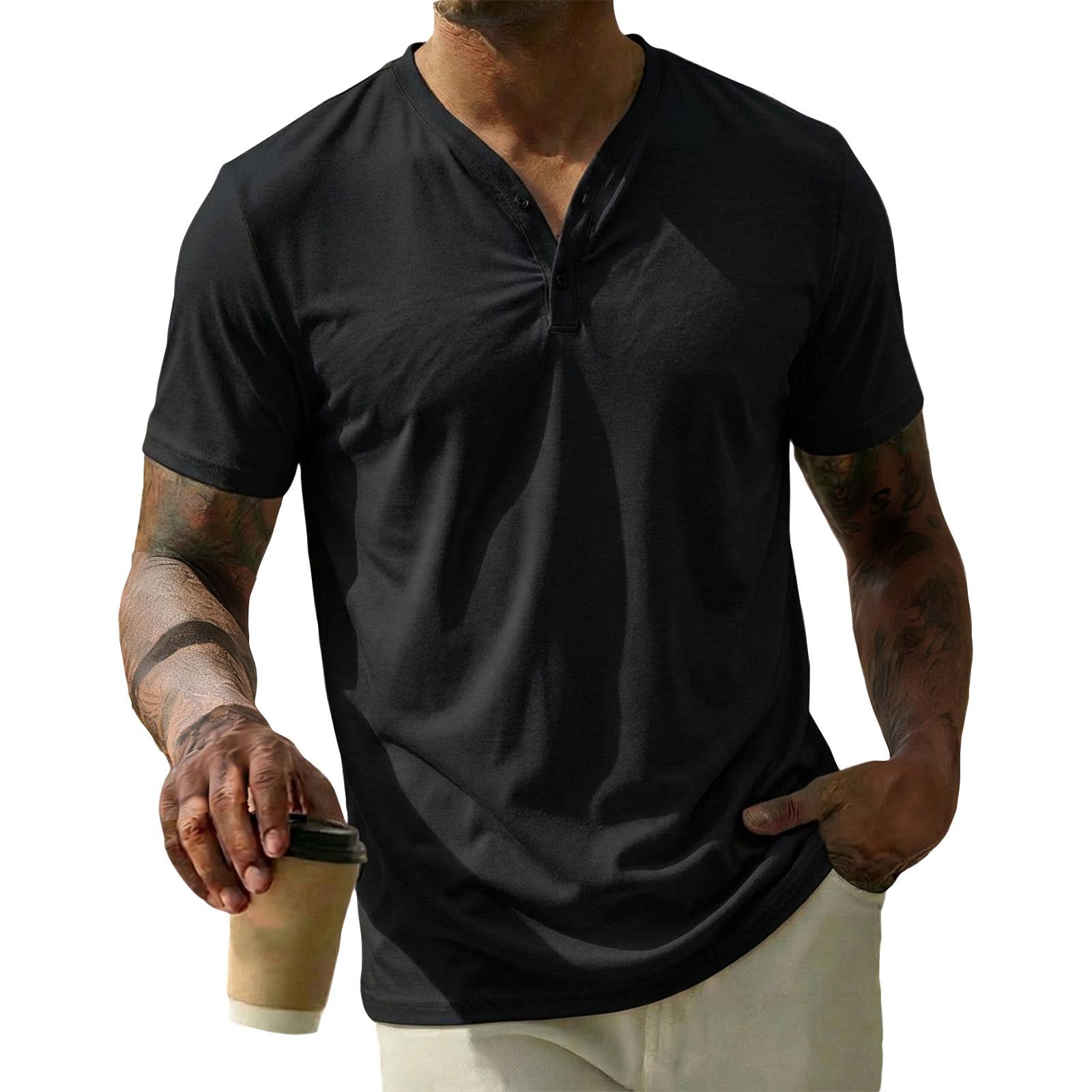 Men s Summer V-Neck Short Sleeve Shirt Men s Casual Fashion Shirt L чёрный