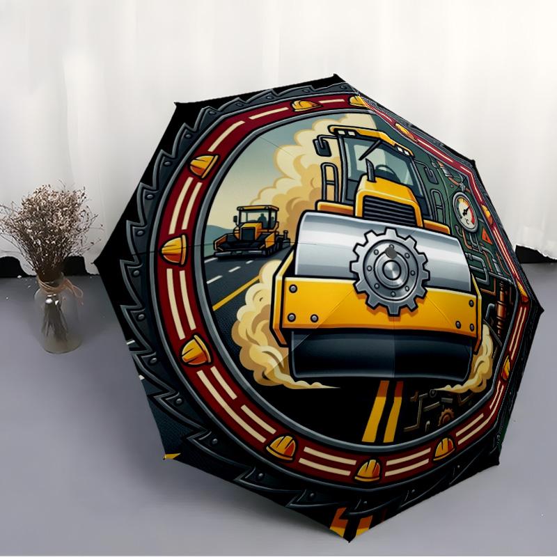Construction Machinery Illustration Pattern Umbrella, Portable and Foldable Design, 8 Ribs, a Casual Accessory for Friend's Birthday Gifts.