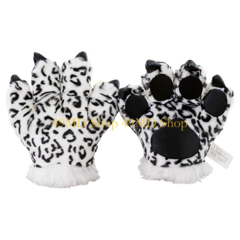 49MD Adult Kids Simulation Leopard Paw Plush Gloves Animal Stuffed Padded Hand Warmer Cosplay Costume Mittens