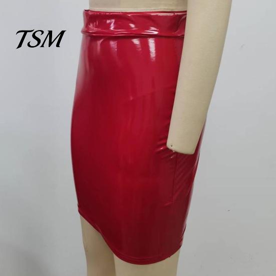 High Waist Skirt Women Club Faux Leather Skinny Sheath Zipper Closure Solid Slimming Color Glossy Surface Slim Fit Knee Length Lady Party Dating