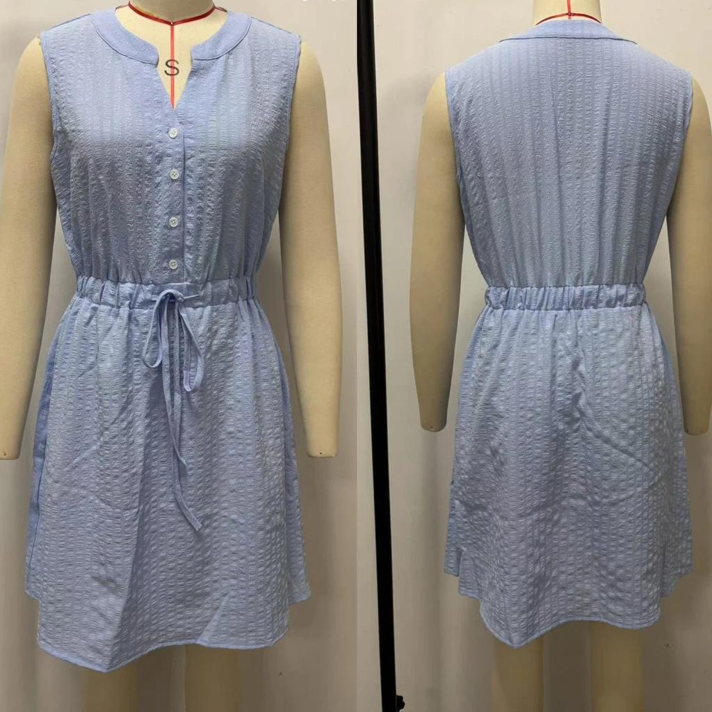 Women's Spring Summer Casual Sleeveless Mini Dress, Button Front Tie Waist Solid Color Woven A-Line Dress for Daily Wear