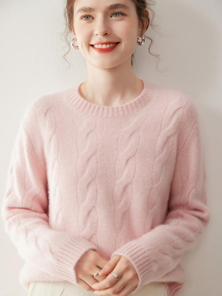 Women's Three-Ply Cashmere Cable Knit Drop Shoulder Sweater: Autumn/Winter Casual Loose Pullover