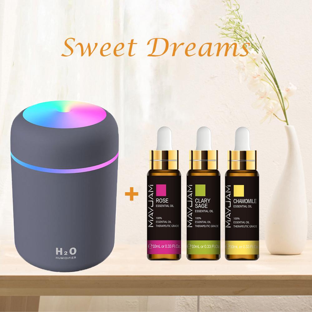 MAYJAM 3Pcs Pure Essential Oils with Humidifier Help Sleeping Stress Relief Insect Repellent Air Fresh Diffuser Mint Rose Lavender Aroma Oil