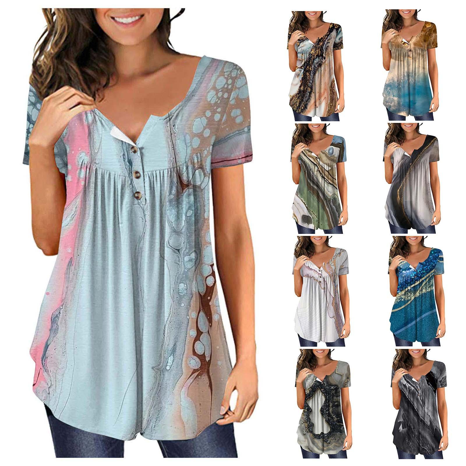 

Жіноча повсякденна сорочка з принтом на талії, футболка з V-подібним вирізом і короткими рукавами на ґудзиках L коричневий