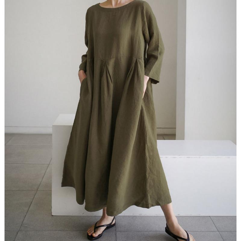 2026 Summer Large Loose Cotton and Hemp Casual Dress Elegant New Round Neck Short Sleeve A-line Dress Female Fashion Solid Color Simple Clothing