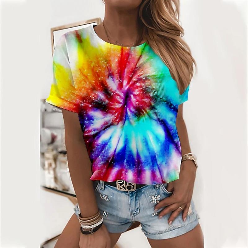 Women's T Shirt Basic Color Block Print Short Sleeve Regular Tops Round Neck Daily Weekend Yellow Red Blue Green Rainbow