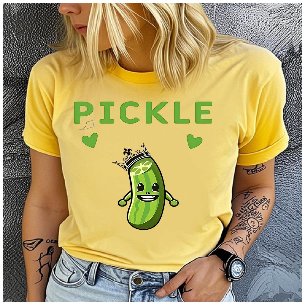 Unisex Polyester Summer Top with Funny Acid Cucumber Print Loose Round Neck Short Sleeve Fashion for Astrology Lovers