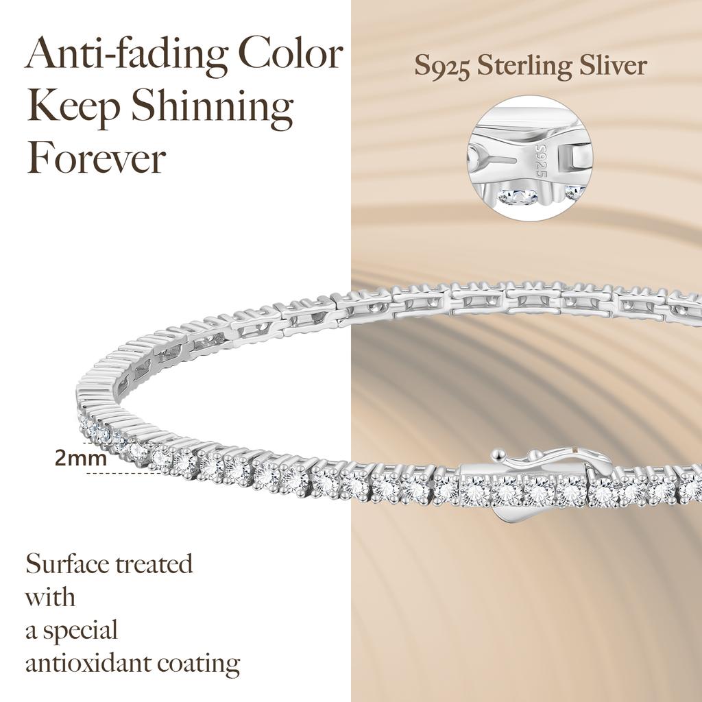 2MM Funkelnder Schmuck 925 Sterling Silber Armband 14K Weißgold-Beschichtung 5A CZ Runder Zirkonia Damen HERREN Tennisarmband