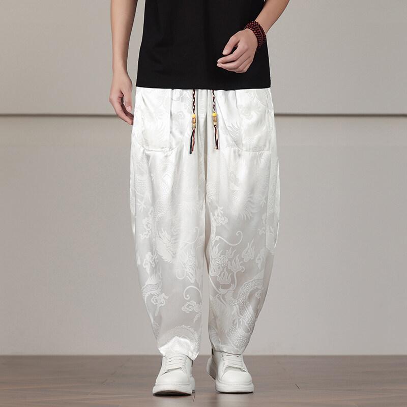 Men's Black Dragon Jacquard Elastic Waist Baggy Harem Casual Pants