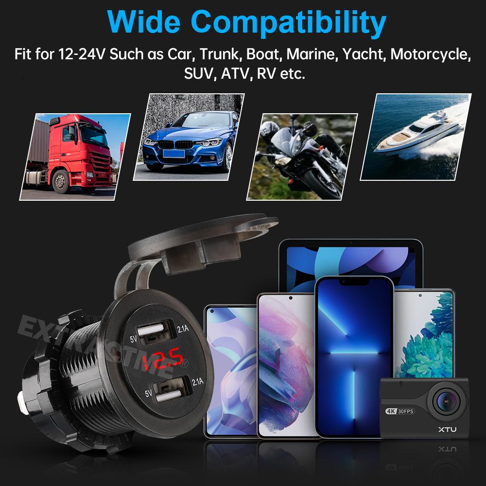 Extractme 4.2A Car Charger Dual USB Socket Power Plug Fast Charge 12V 24V LED Voltmeter Waterproof Moto Auto Splitter Adapter