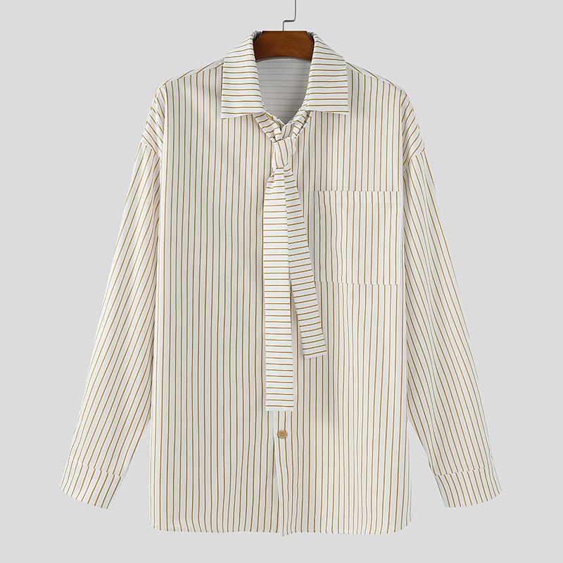 

INCERUN S-5XL Men Turn-down Collar Tie Up Long Sleeve Striped Casual Loose Shirts 5XL хаки