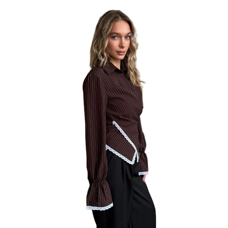 Old Money Style Striped Asymmetric Wrap Long Sleeve Shirt Lace Trim Cross Tie Polo Collar Top