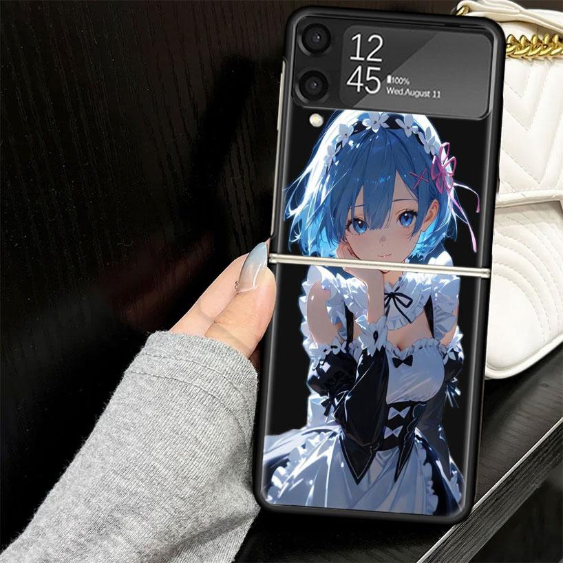 R-Rem Re Zero Anime Case for Samsung Galaxy Z Flip7 Flip6 Flip5 Flip4 Flip3 5G Hard Phone Shell Z Flip 7 6 5 4 3 Black Cover