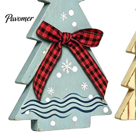 Vintage Country Style Home Accents 3Pcs Wooden Christmas Tree Ornaments with Plaid and Hemp Rope Bow, Rustic Farmhouse Small Figurines Polka Dot Xmas