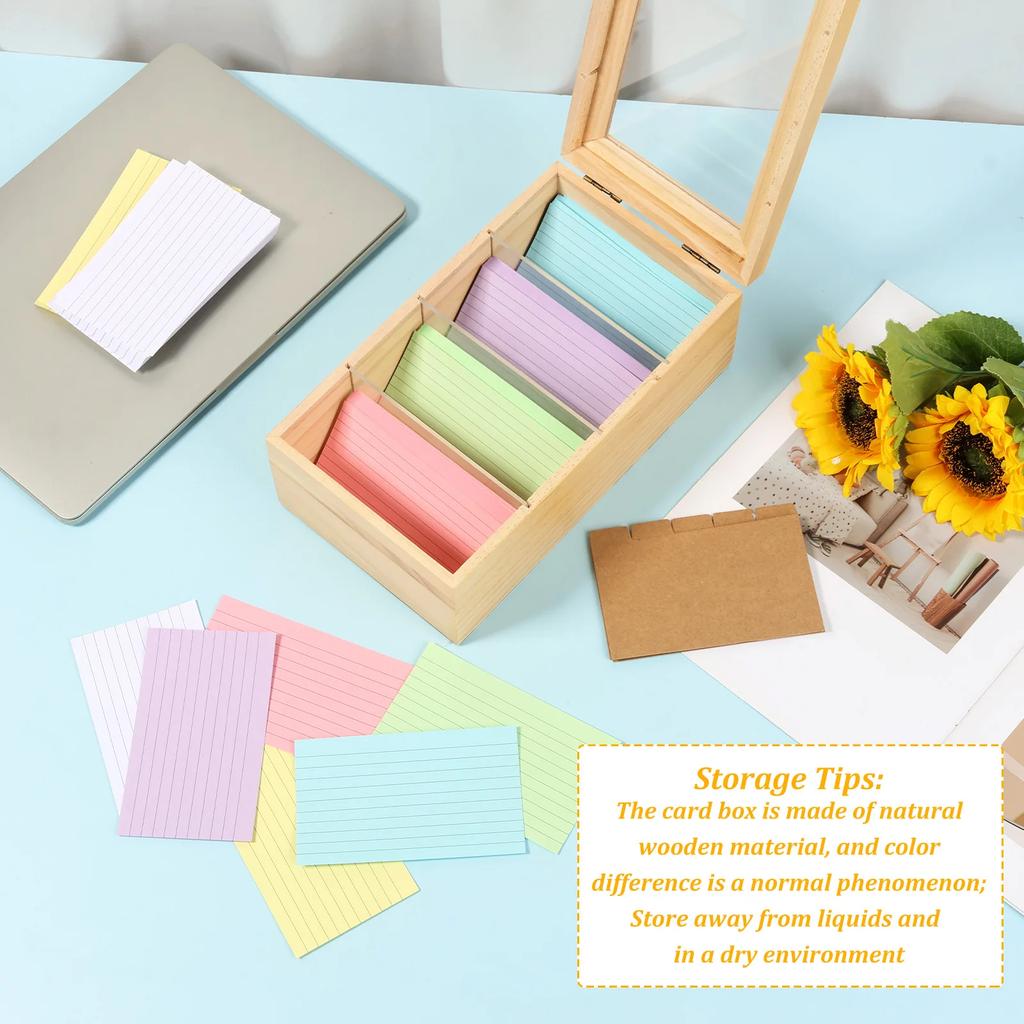 4/5 Slot Index Card Holder Set Wooden Desktop Storage Box with Lid Adjustable Divider File Note Holder Home Recipe Box Organizer