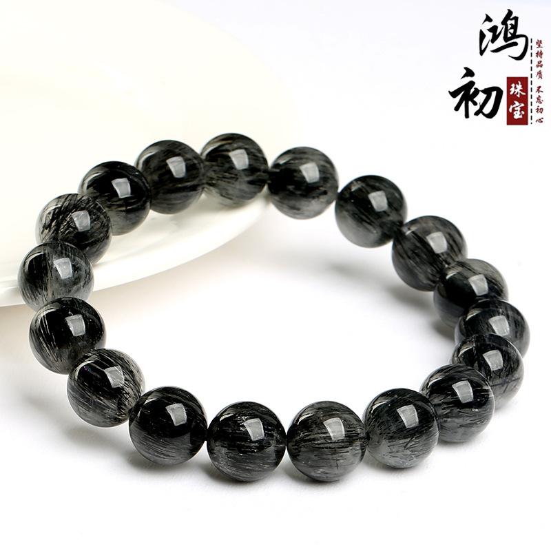 Hongchu Crystal Natural Smooth Black Rutilated Quartz Bead Bracelet Black Rutilated Quartz Smooth Bead Bracelet