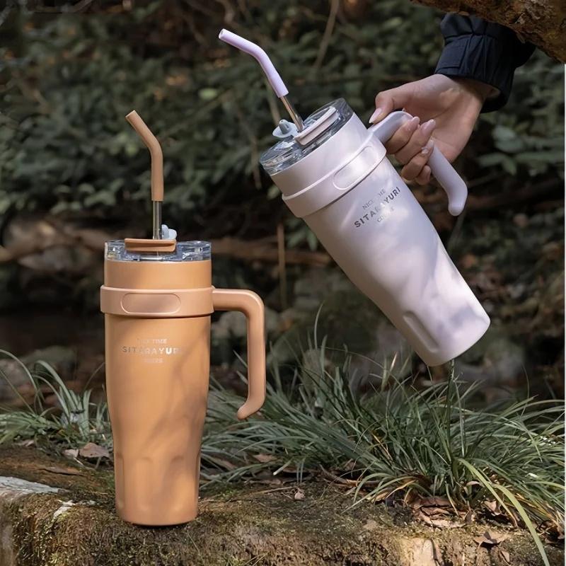 SITARAYURI Stainless Steel Ice Tumbler 1.1L Insulated Cup with Handle Outdoor Travel Car Thermos Cup Keep Cold Straw Water Cups