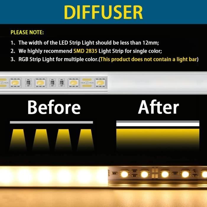 Profilé LED Aluminium - ANICEMOON - Lot de 6 - Couvercle Blanc Laiteux - Eclairage Intérieur - Montage Facile