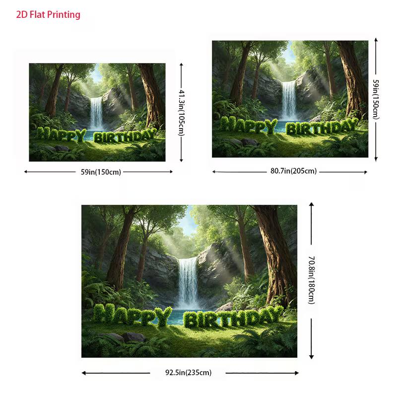 2D Forest Waterfall Happy Birthday Backdrop Jungle Greenery Party Photography Background Banner