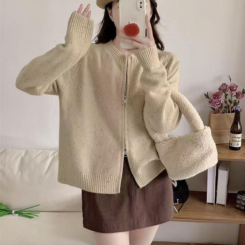 Double Zipper Autumn and Winter Knitted Cardigan Women's Lazy Soft Waxy Crew Neck Knitted Sweater New Long-sleeved Sweater Jacket Women