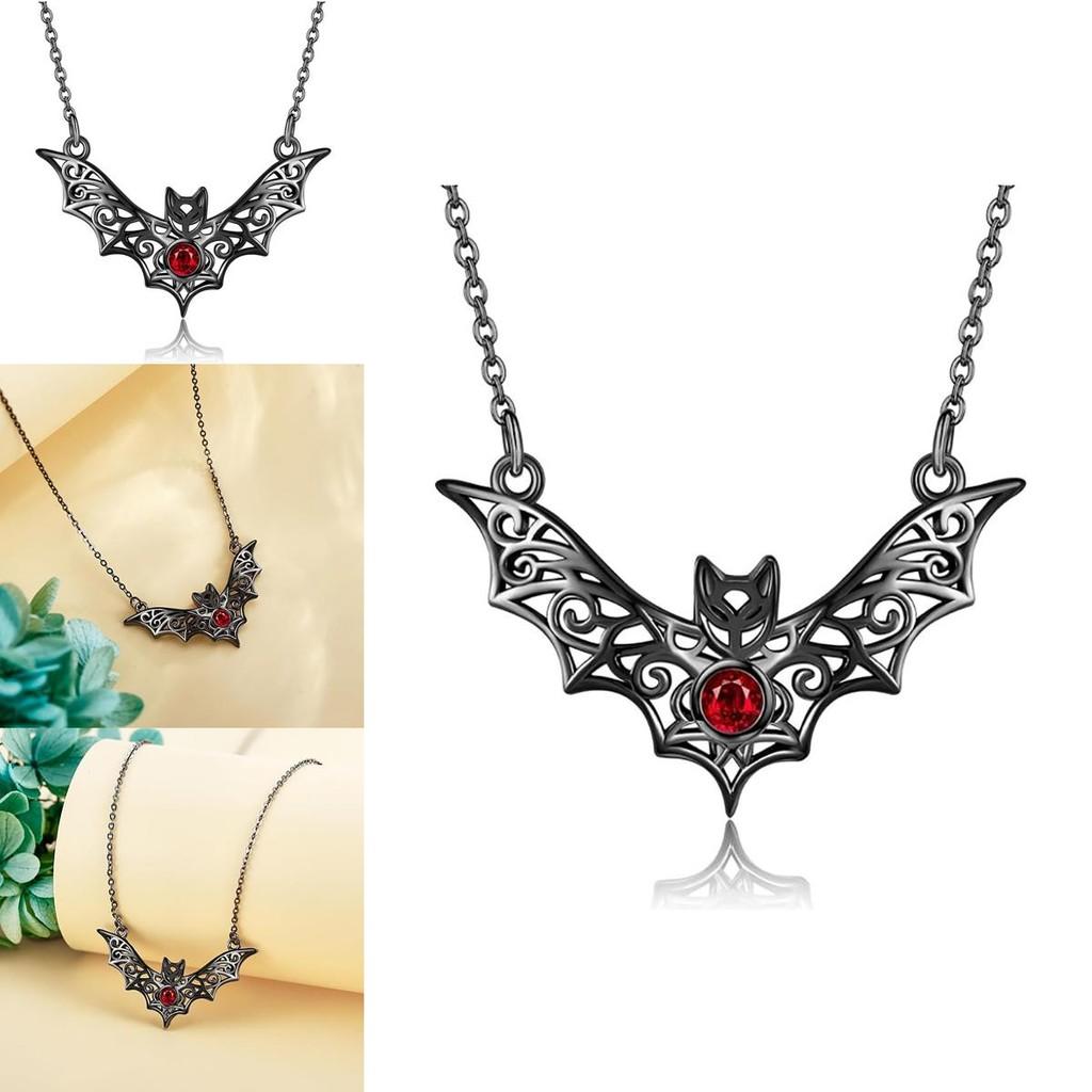 Gothic Bat Pendant Necklace With Faux Ruby Cutouts And Alloy Material For Halloween Costume Accessories
