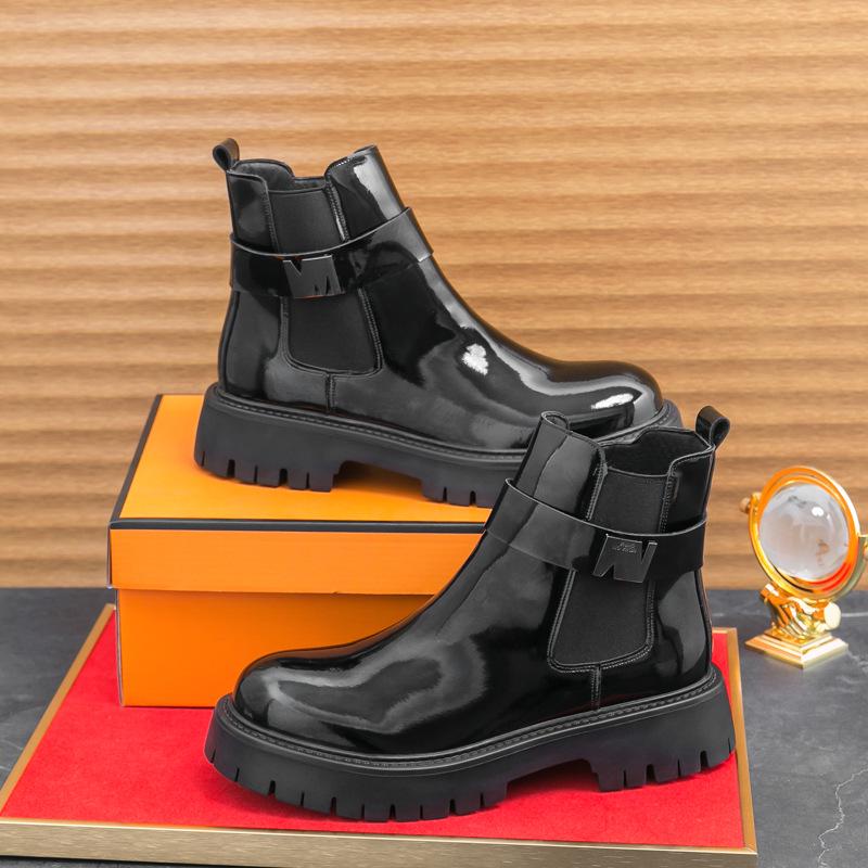 Men's Shiny Round Toe Chelsea Boots – Autumn/Winter Outdoor Fashion British Style with Zipper.
